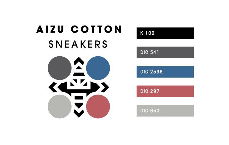 AIZU COTTON SNEAKERSのロゴと使用色を示すカラーチャート